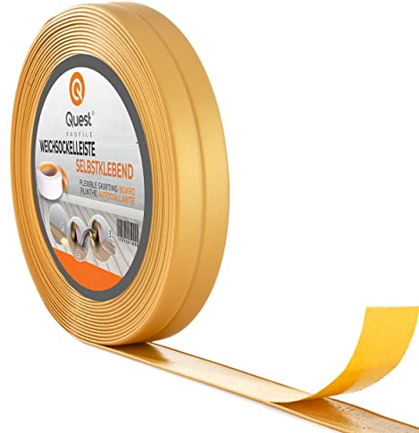 Quest Plinthe Souple Autoadhésive - 10 mm x 10 mm - Bande de finition en PVC pour cuisine, salle de bain - Bande d'étanchéité Flexible, Etanche, Décorative - 5 mètres - Or