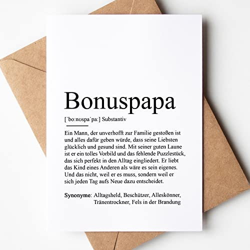 KAMEWI® Grußkarte BONUSPAPA Definition | Klappkarte mit Briefumschlag aus Kraftpapier | Bedanken Vatertag Vatertagskarte Bester Papa Geschenk