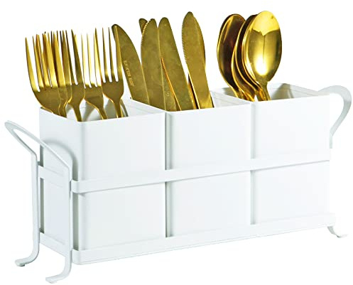 NelyBet White Metal Utensil Caddy, 3 Compartments, Portable Design, Perfect for Countertop, Outdoor, and Camping