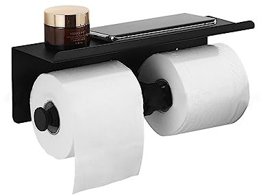 MIFULY Toilet Roll Holder, Double Toilet Paper Holder with Phone Shelf, Stainless Steel Paper Holder Rack, Anti-drop Wall Mounted Double Roll Toilet Paper Holder Matte Black