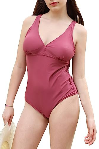 Costume da Bagno Intero da Donna con Scollo a V Increspato Monokino da Mare Donna Sexy Push Up Imbottito Reggiseno Spiaggia Beachwear Swimwear cod.760 (2XL, 7603-ROSA ANTICO)