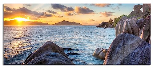 Pixxprint Glasbild Panorama, Wandbild aus Echtglas, Sonnenuntergang Seychellen, 100x40 cm, inkl. Aufhängung und Abstandshalter
