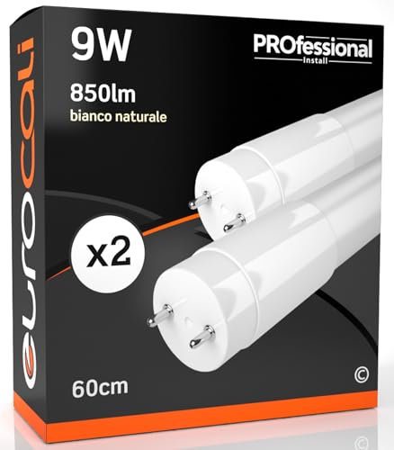 Eurocali Tubo LED 60cm G13 T8 9W 850 lumen - Luce Bianco Naturale 4000K - Fascio Luminoso 160° - Sostituzione Neon - Pacco da 2