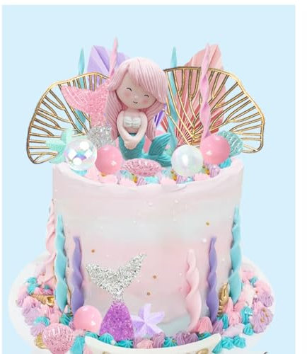 Mermaid Cake Topper Under The Sea Cake Toppers set with Little Mermaid Seaweed Bubble Golden Leaves for Mermaid Birthday