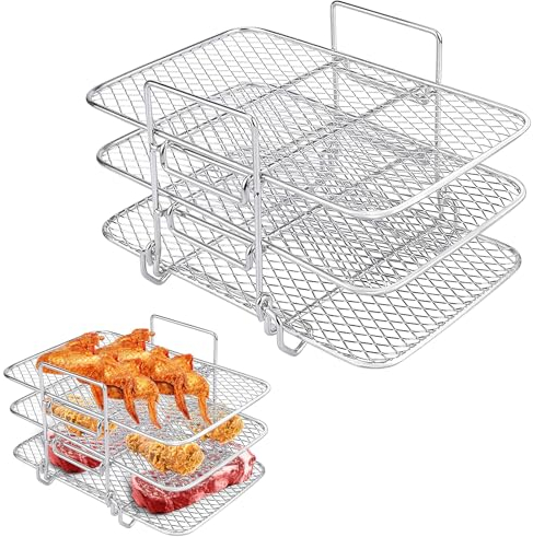 3 Layer Air Fryer Rack, Stainless Steel Air Fryer Three Layer Cooking Rack, Multi-Purpose Air Fryer Accessories, Suitable for Double Basket Air Fryer, Roasting Oven, Microwave