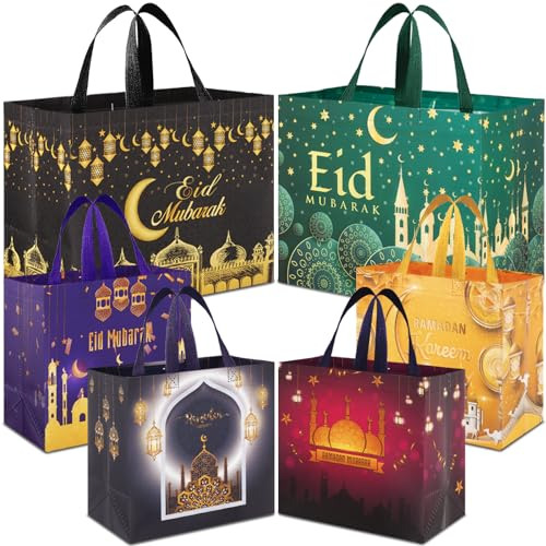 AhfuLife 6 Stück Eid Mubarak Geschenktüten, Ramadan Mubarak Party Taschen mit Griffen, Ramadan Kareem Tüten, Enthält 2 Große und 4 Klein Non-Woven Eid Taschen für Eid-Adha Geschenke Verpackung
