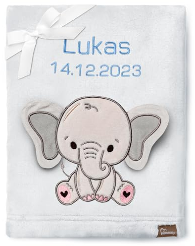 Be Mammy Personalisierte Babydecke mit 3D Applikation Warme Kuscheldecke mit Namen und Geburtsdatum; Perfektes Baby Geschenk; Blanket; Krabbeldecke BE20-280 (Hellgrau - Elefant)