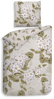 Heckett & Lane Twill Bettwäsche 135x200 Juliette Natural Blätter Blüten grün