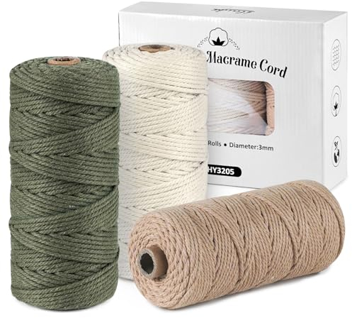 ilauke Makramee Garn 3mm x100m, Baumwollgarn Baumwollschnur Makramee Baumwollgarn 3mm Baumwollkordel Natur 3mm, für Basteln Stricken Boho Deko Wandbehang Dekoration,Militärgrün+Hellbraun+Beige