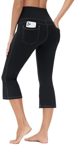 BAYGE Damen Bootcut Yogahose 3/4 Hight Waist Wasserdicht Blickdicht Bauchkontrolle Slim Fit Flared Leggings Jeggings Schlaghose Sweathose Sporthose Arbeitshose Fitnesshose mit Taschen, Schwarz, XL