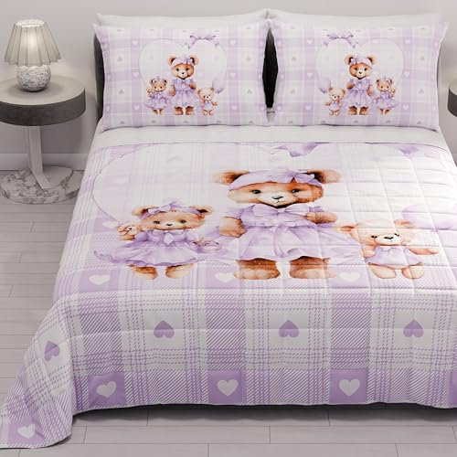 PETTI Artigiani Italiani - Tagesdecke für französisches Bett, 220 x 260 cm, 100 g/m², wendbar, für französisches Bett, leichte Steppdecke, Teddy Lila, 100% Made in Italy