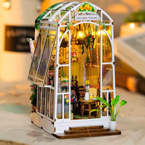 MOJINO Book Nook DIY Miniature House, Casa de Muñecas Bookshelf Insert Bookend Sujetalibros Madera con Muebles y Luces LED (jardín de Invernadero)