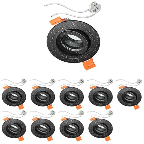 ledscom.de 10 Stück Bad-Deckeneinbaurahmen ERID, Feuchtraum, Badezimmer, IP44, rund, schwenkbar, schwarz matt, inkl. GU5.3 Fassung