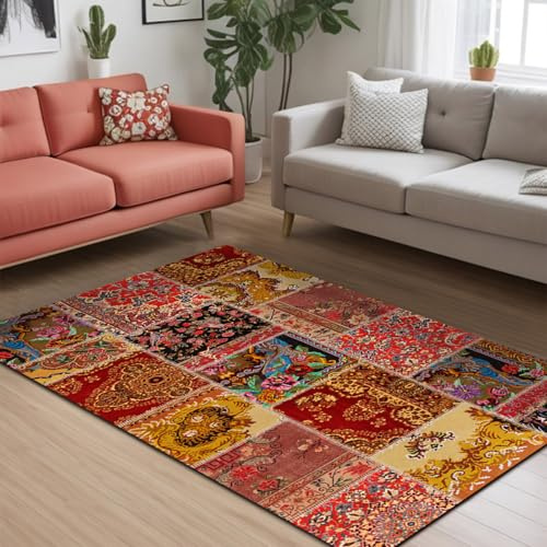 bamyum Silena Bedruckter Teppich Chenille-Druck Maschinell Hergestellt 200 x 300 cm, Teppich Wohnzimmer Vintage Schlafzimmer, Antibakteriell Antirutschunterlage Küchenteppich Patchwork