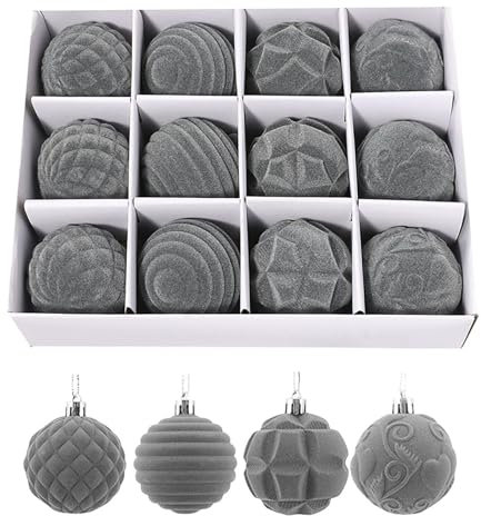 12 Stück Samt-Weihnachtskugeln 6CM, Beflockt Weihnachtsbaumkugeln Set Ornamente, Bunt Weihnachtskugeln Plastik, Luxuriöses Design, Weihnachtsbaumschmuck, Weihnachtsbaumdekoration (Grau)