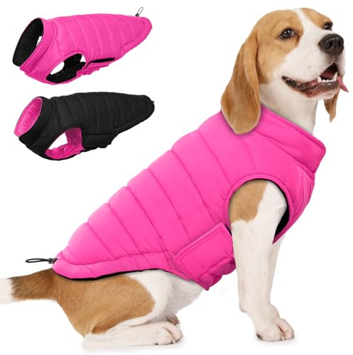 Lelepet Hundemantel Winter Jacke für Große Hunde, Wasserdicht Warmer Hunde Winterjacke, Wendbarer Winddicht Hundejacke mit Klettverschluss, Rosa L