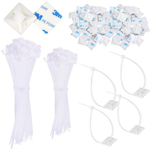 200Pcs White Cable Ties Set,Self Cable Ties Adhesive Mounts,120mm/150mm and 100Pcs Strong Self Adhesive Base Pads,Cable Tie Pads Organizer with Cable Tie Sticky Pads for Home Office Garage Workshop