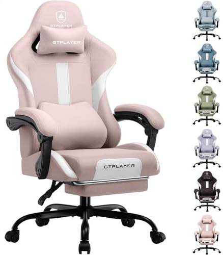 GTPLAYER Fabric Gaming Chair, Ergonomic Computer Chair with Footrest Lumbar Support Heavy Duty High Back Adjustable Height Svivel Office Desk Chairs (Pink)