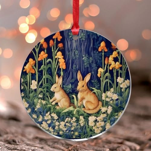 Weihnachtsschmuck 2024 Hasen Wald Hasen in Holz Häschen Acryl Xmas Ornament Wildblumen Pflanzen Grün Souvenir Eiersuche Frühling Floral Country Andenken Sammlerstück Geschenk Baumschmuck Namensschild