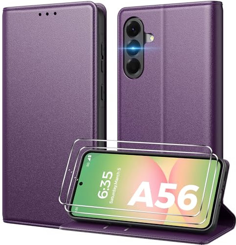Peakally Handyhülle für Samsung Galaxy A56 5G Hülle [Mit 2 Stück Panzer Schutz Glas] [Premium PU Leder] [RFID-Blockierung] [Kartenfach] Klapphülle Kompatibel mit Samsung A56 - Dunkellila