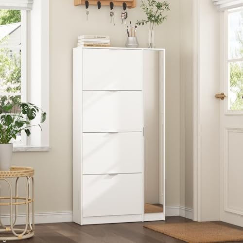 Caldion Schuhschrank für ca. 28 Paar Schuhe,Schuhkipper mit Spiegel,Schuhregal mit 4 Türen,Schuhkommode,Schuhbänke mit verstellbaren Einlegeböden,Weiß,80x24x155cm,für Eingang,Diele,Flur