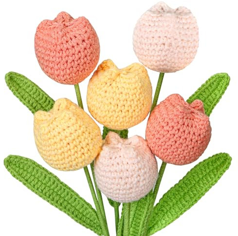 DEMIUKO 6 Pezzi Uncinetto Tulipano Pastello Artificiale Fiori Finti Finito Uncinetto Crochet Fiori Set Uncinetto Piante Finti Bouquet Fiori Regalo per Gli Amici Famiglia Ufficio Vaso Decorativo