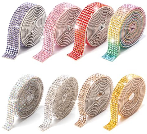 Sxutop 8 Rouleau Ruban Adhésif Strass Bande de Strass Autocollant Coloré Ruban Diamant Autocollant pour Bricolage Voiture Art Artisanat Décors (8 Couleur, 1 Yard/Roll, 4/6 Rangs)