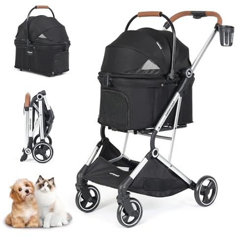 T3 Pro Haustier Kinderwagen 3 in 1 Hund Katze Kinderwagen für kleine mittlere Hunde Katzen, Faltbarer leichter Welpen Kinderwagen Haustier Haustier Gear Reise Hundewagen (Schwarz-Pro)