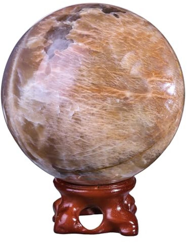 KYEYGWO Natürliche Mondstein Kristall Kugel mit Holzständer, Poliert Runde Steinkugel Skulptur Fengshui, Edelstein Wahrsagerkugel Haus Decor für Reiki Heilung, Wicca, 71-80mm