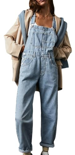Sukany Women's Casual Denim Jean Overalls Loose Adjustable Straps Baggy Dungarees Bib Romper Jumpsuit Harem Pants Light Blue XL