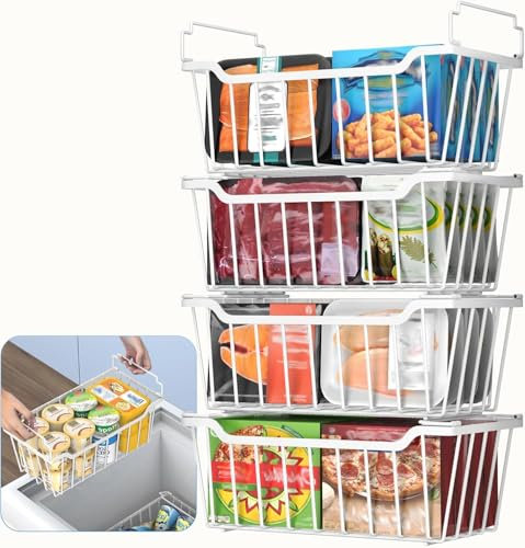 WELDUN Chest Freezer Baskets with Foldable Handle, 4 Pack Stackable Organizer for 99L 198L Small Chest, Metal Storage Bins with Space Utilization, White
