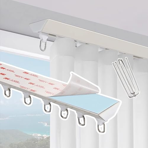 Binario adesivo per tenda da soffitto, in alluminio, con ganci, per soggiorno/finestra a bovindo (bianco, 3 m)