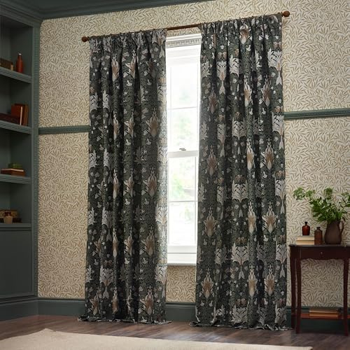 Morris&Co. Snakeshead Pencil Pleat Curtain Pair – Lined Jacquard Chenille Bold Floral Drapes (Indigo/Leaf - 117x183cm)