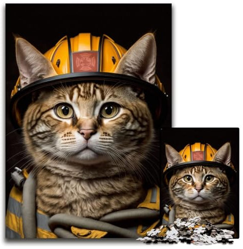 Feuerwehr-Katze, 1000-teiliges Puzzle für Erwachsene, Papppuzzle, Entspannung und Herausforderung, farbenfrohe Heimdekoration, Freunde, 26x38cm
