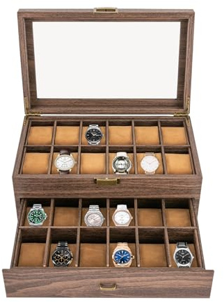 MccoMMon Scatola per orologi con 24 scomparti, supporto per gioielli da uomo, scatola espositore per orologi, scatola porta orologi a doppio strato per uomo e donna, custodia per orologi, cuscinetto