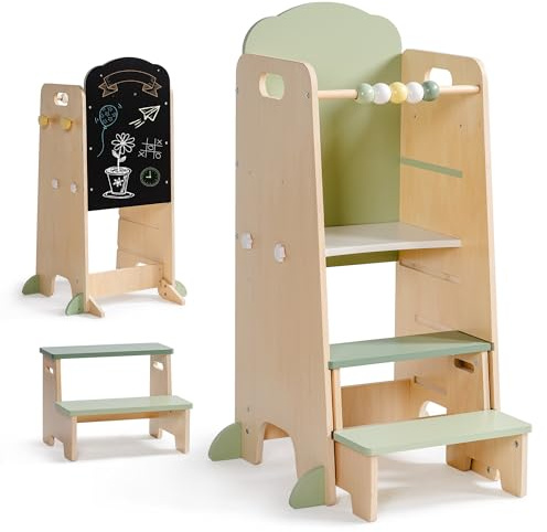 ROBUD Montessori Lernturm aus Holz für Kinder, 2-in-1 mit Kreidetafel | Höhenverstellbare Plattform, abnehmbarer Tritthocker, Haken für Zubehör, Küchenhelfer ab 2 Jahren, Grün