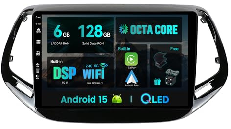 SXAUTO [6G+128G] Android 15 IPS Autoradio Per Jeep Compass (2017-2021) - Senza fili CarPlay/Android Auto - Camera + MIC - DAB Dual Band WIFI Fast-boot Volante 360-CAM AHD DSP BT - 2 Din 10.1 Pollici