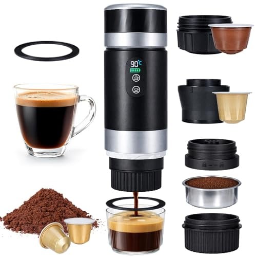 3-In-1 Portable Coffee Maker 20 Bar Portable Coffee Machine Electric Travel Espresso Machine with Small/Large Capsules & Grounds Self-Heating Portable Espresso Machine for Camping Hiking Office Travel