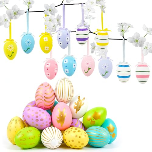 24 Stück Ostereier zum Aufhängen, Bunte Plastik Eier Ostern, Eier Ostern Deko, Plastikeier zum Aufhängen & Dekorieren Kunststoffeier für Draußen und innen Osterdeko Deko