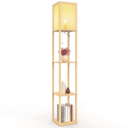 IDMarket - Lampadaire naturel en bois clair avec étagères | Avec abat-jour carré effet cannage