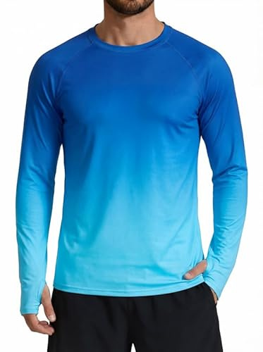 XiaoMoSha Rash Guard herr UPF 50+ solskydd utslag väst långärmad simning toppar snabbtorkande solskjorta lätt vikt andningsbar t-shirt för löpning sport fiske vandring S-2XL, Blå toner, M