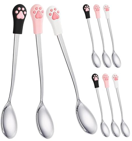 VERDANVERSE Cuillères à Servir pour Animaux de Compagnie 9 Pièces Lot de 3 X 15 Cm Cuillères en Plastique Noir Rose et Blanc Motif Patte de Chat pour Chat et Petits Animaux