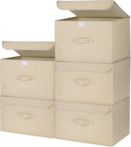 Homsorout Foldable Storage Boxes with Lids - Wardrobe Organiser Bin with Handle Fabric Basket Containers for Clothes, Book, Shelf, Office, Large x5-23.75L, Beige Yellow