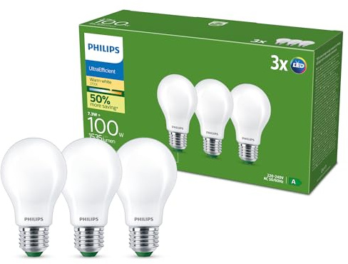 Philips UltraEfficient LED-Leuchten, 3er-Pack, A60, E27, 1.535 Lumen, 100 W, Energiesparlampen, Augenkomfort, Lange Lebensdauer, Warmweißes Licht 2.700 K, Klassisches Design, Matt