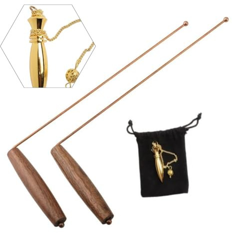 Auratrove Tiges de radiesthésie en cuivre pur, baguette de détection de métaux pour la chasse au trésor en fer doré, argenté, ensemble d'outils de divination ergonomiques avec pendule