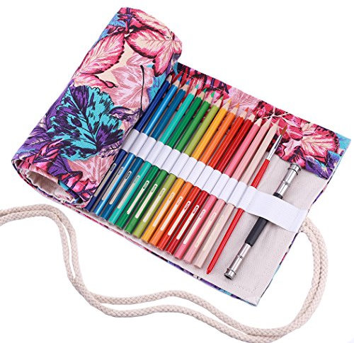 Amoyie Roll Up Pencil Case for 72 Coloured Pencils, Canvas Artist Wrap, Colouring Pens Holder, Maple Leaves