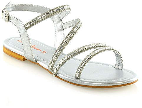 Womens Strappy Flat Sandals Ladies T-Bar Embellished Diamante Sparkly Shoes Size