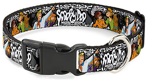 Buckle-Down Dog Collar Plastic Clip Scooby Doo Group Pose Bones, Multi Color, 1 Wide - Fits 15-26 Neck - Large (DC-BKSR-WSD014-1.0-L) | Scooby Doo Group Pose Bones Durable Adjustable ID Tag Ring Side Release