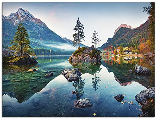 ARTland Wanddeko Glasbilder Wandbild Glas Bild einteilig 80x60 cm Querformat Landschaft Alpen Berge See Wald Natur Gebirge Herbst U1TM