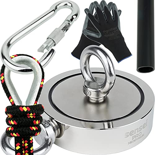 Sensei Set 500 kg, Doppelseitiger N52 Neodym-Magnet mit 2 Ösen, Ø11,6 x H3 cm, Segelseil 25 m, Schutzhandschuhe + Zubehör